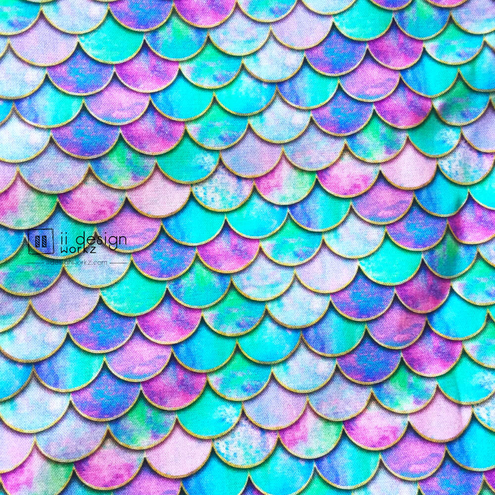 Cotton Fabric Singapore: Standard - Blue Pink Green Pearlescent Watercolor Gold Mermaid Scales Cotton Fabric「 ii Design Workz 」