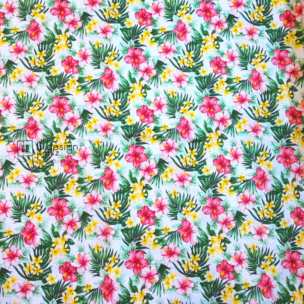 Cotton Fabric Singapore: Hawaiian Tropical Hibiscus Floral White Cotton Fabric「 ii Design Workz 」